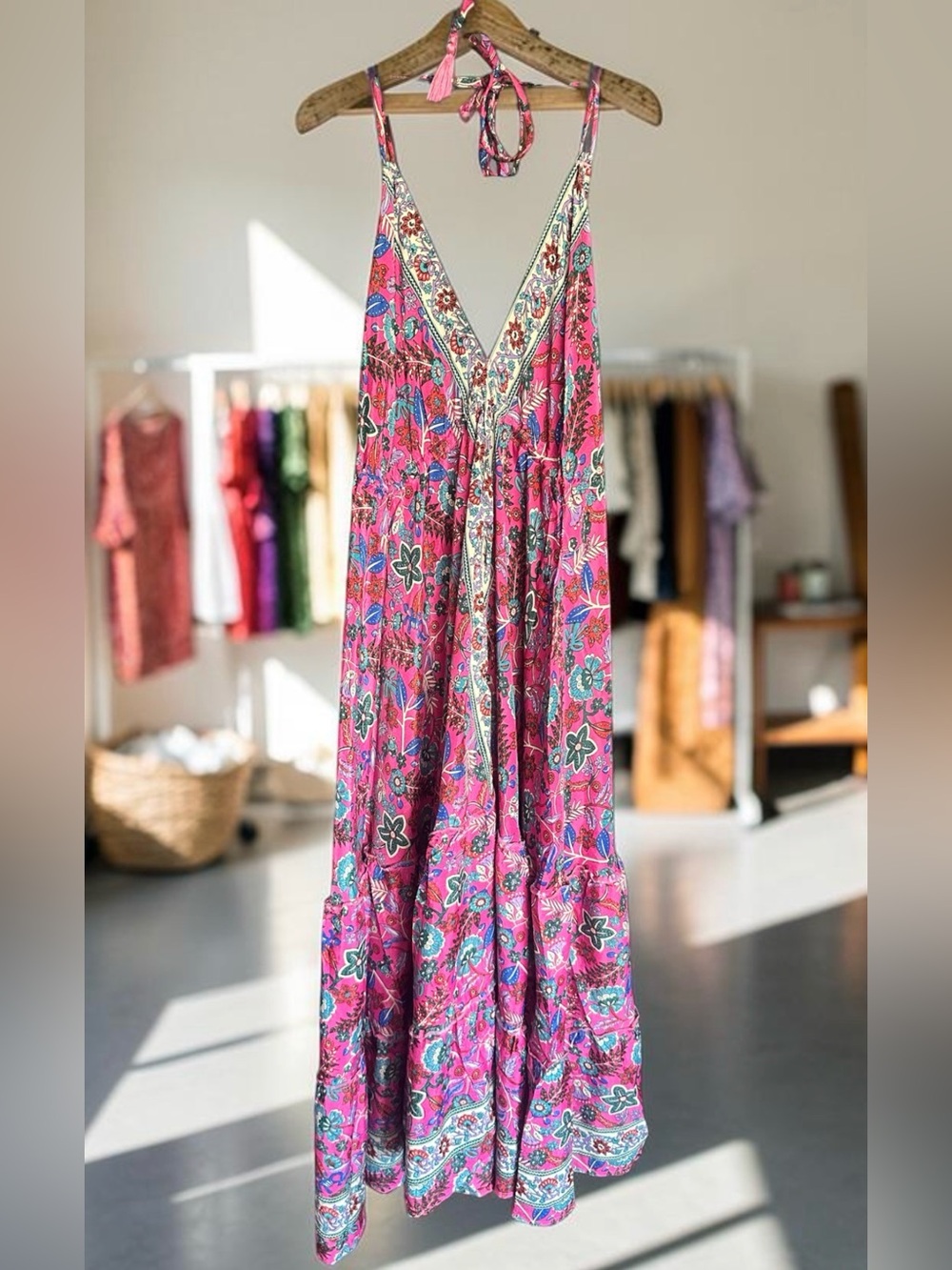 Rhea Pink Paisley Floral V-Neck Dori Dress. One size